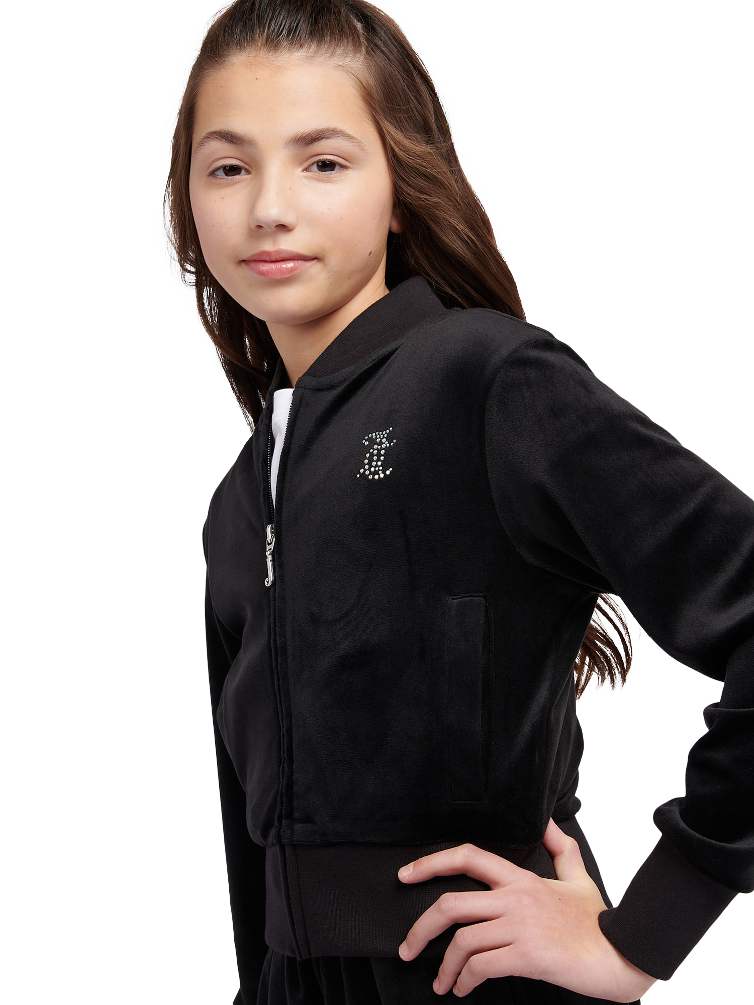 Product image 4 of 9, which shows Juicy Couture Kids' Velour Cropped Zip Through Sweatshirt, Jet Black, 7-8 years
