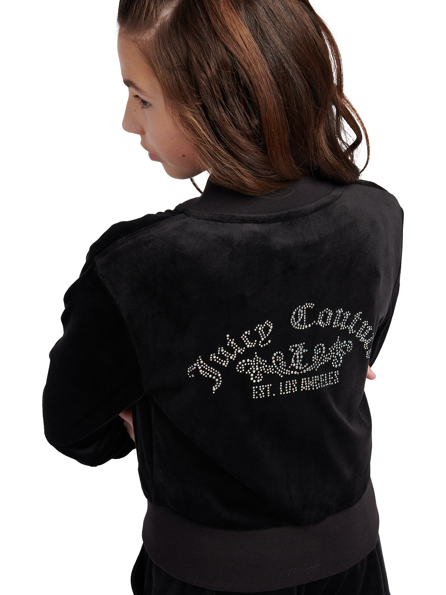 Product image 5 of 9, which shows Juicy Couture Kids' Velour Cropped Zip Through Sweatshirt, Jet Black, 7-8 years
