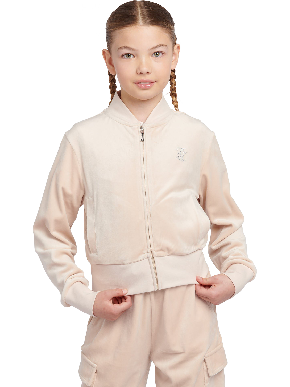 Product image 1 of 8, which shows Juicy Couture Kids' Velour Cropped Zip Through Sweatshirt, Gray Morn, 7-8 years