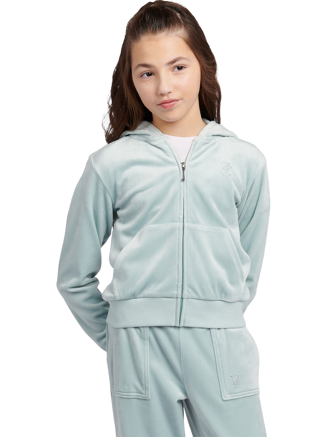 Product image 1 of 11, which shows Juicy Couture Kids' Mini Diamante Zip Hoodie, Gray Mist, 7-8 years