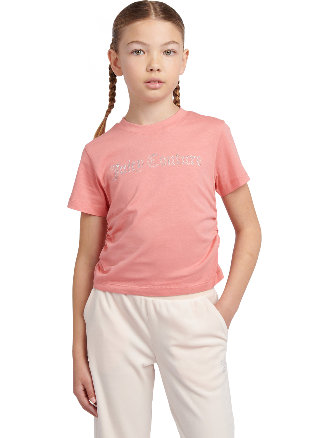 Product image 1 of 7, which shows Juicy Couture Kids' Diamante Ringer T-Shirt, Peach Blossom, 7-8 years