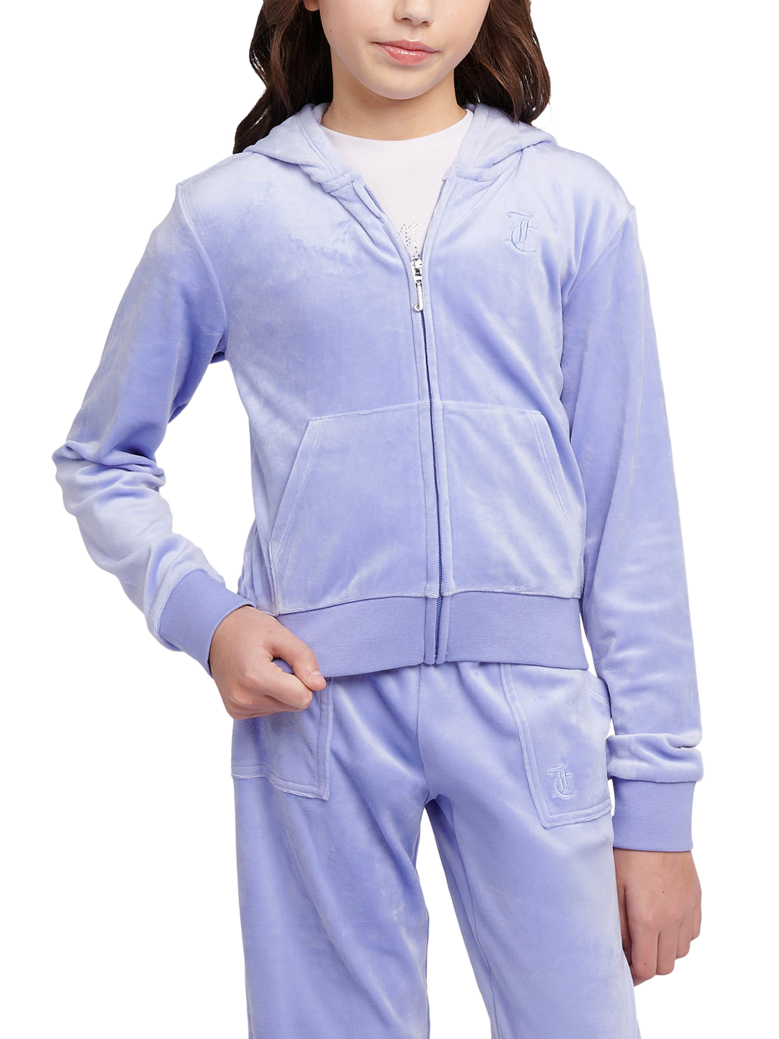 Product image 1 of 7, which shows Juicy Couture Kids' Velour Tonal Zip Hoodie, Jacaranda, 7-8 years