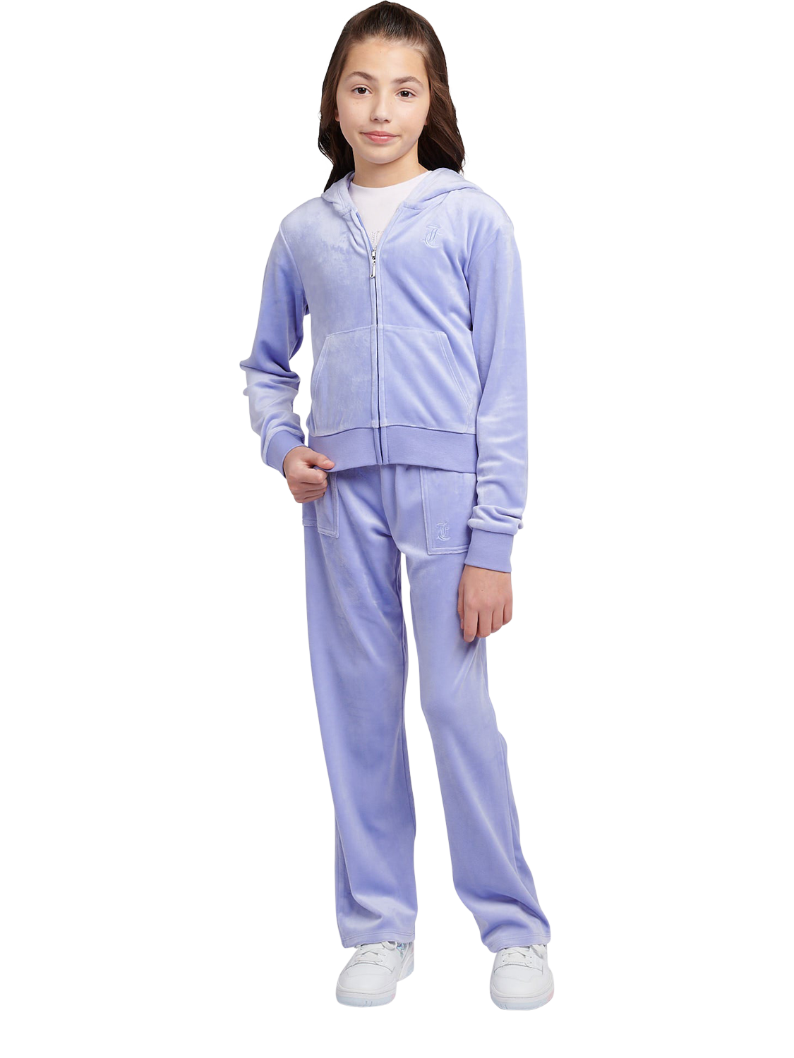 Product image 2 of 7, which shows Juicy Couture Kids' Velour Tonal Zip Hoodie, Jacaranda, 7-8 years