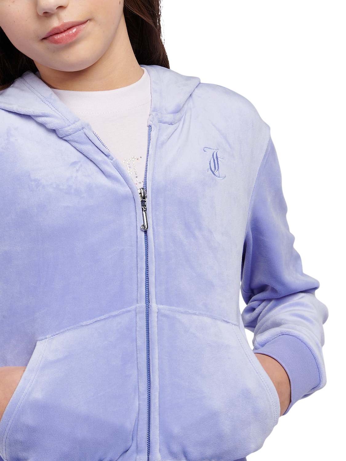 Product image 4 of 7, which shows Juicy Couture Kids' Velour Tonal Zip Hoodie, Jacaranda, 7-8 years