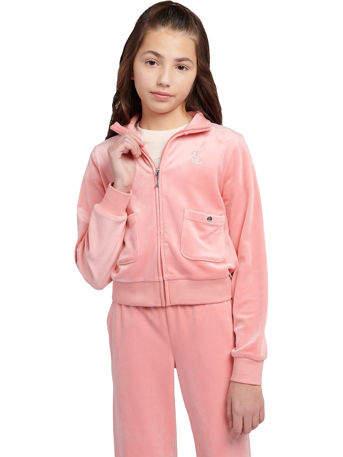 Product image 1 of 8, which shows Juicy Couture Kids' Velour Zip-Up Jacket, Peach Blossom, 7-8 years