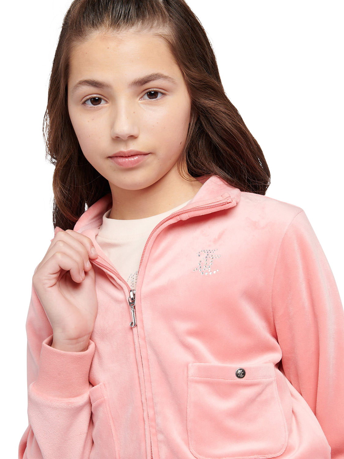 Product image 4 of 8, which shows Juicy Couture Kids' Velour Zip-Up Jacket, Peach Blossom, 7-8 years