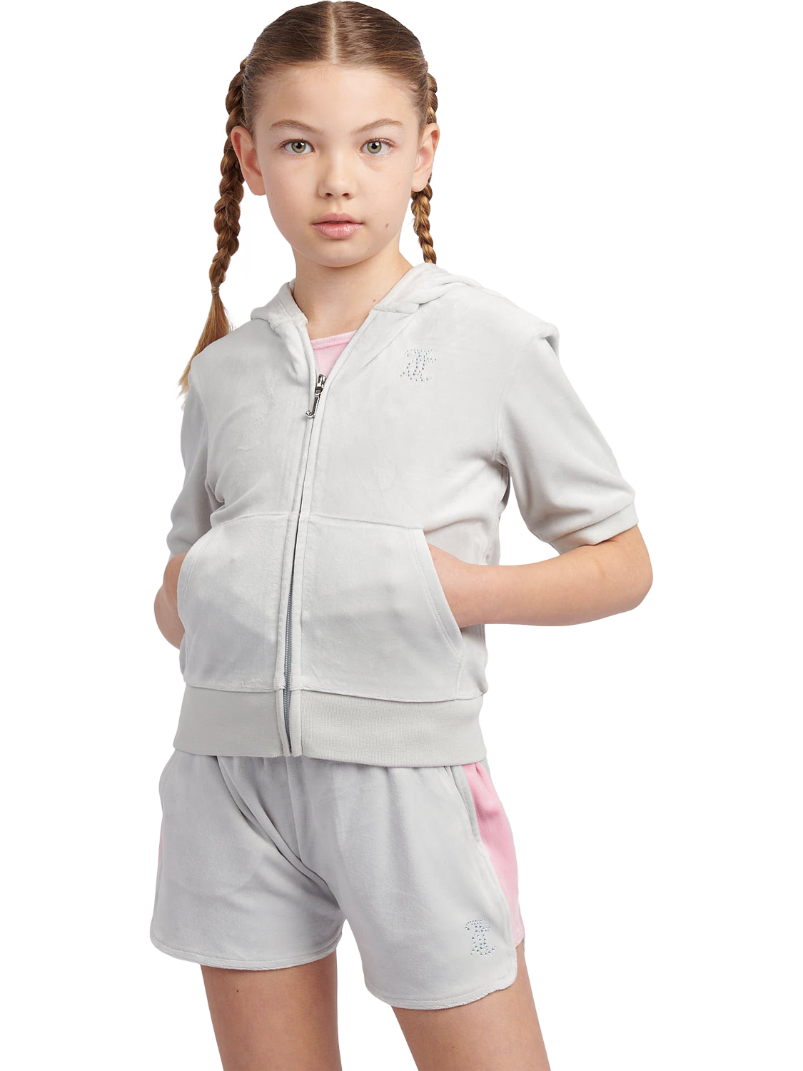 Product image 1 of 5, which shows Juicy Couture Kids' Diamante Zip-Through Short-Sleeve Hoodie, Pearl Blue, 7-8 years