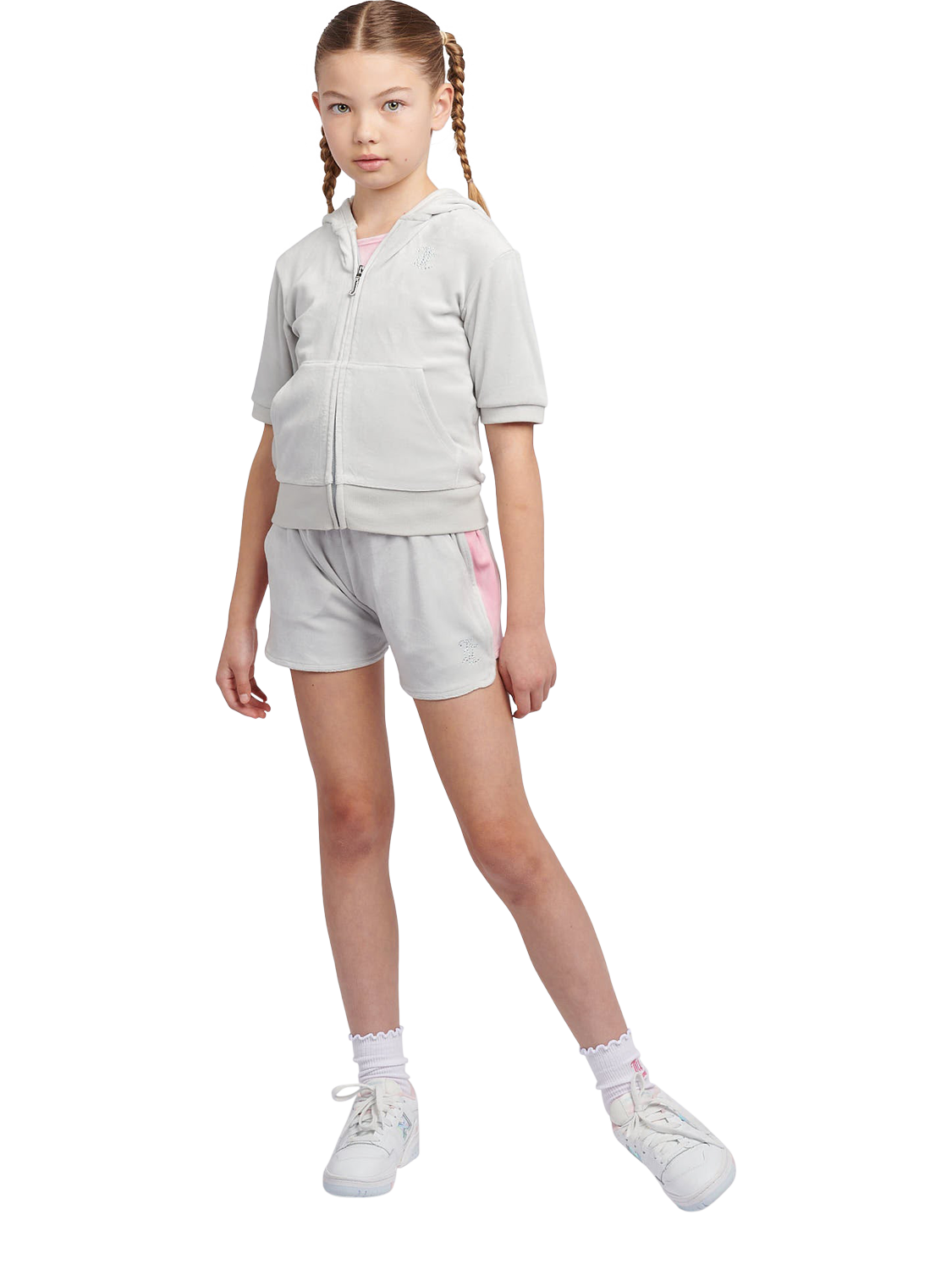 Product image 2 of 5, which shows Juicy Couture Kids' Diamante Zip-Through Short-Sleeve Hoodie, Pearl Blue, 7-8 years