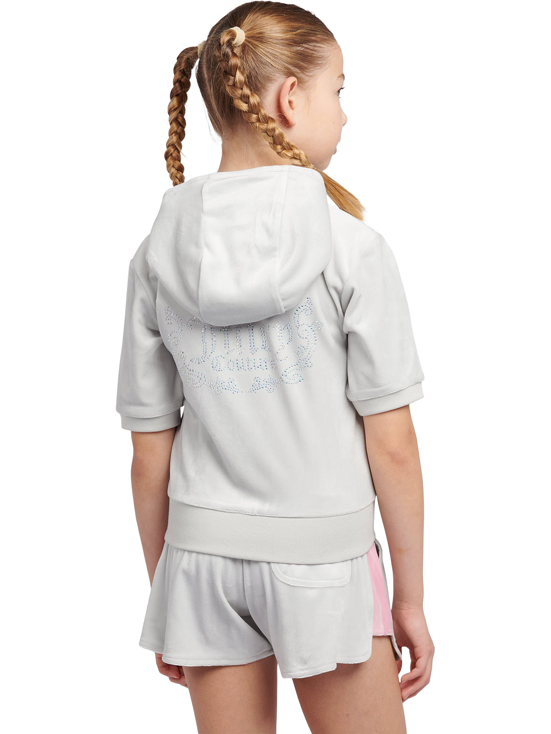 Product image 3 of 5, which shows Juicy Couture Kids' Diamante Zip-Through Short-Sleeve Hoodie, Pearl Blue, 7-8 years