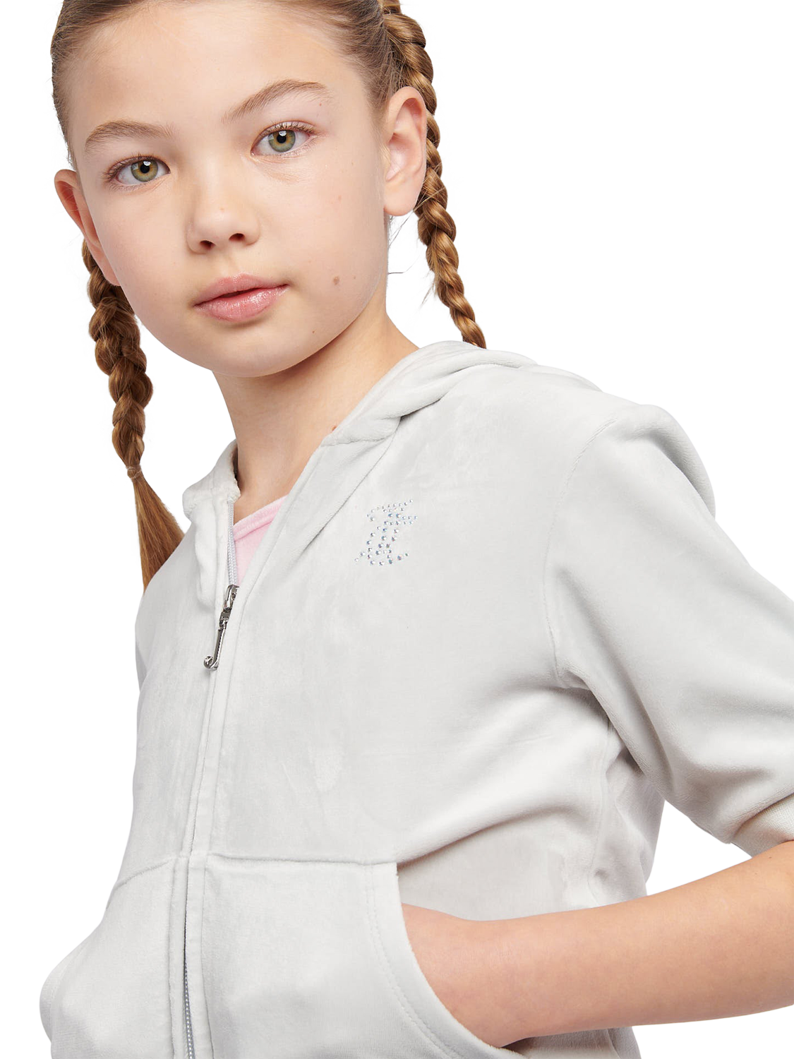 Product image 4 of 5, which shows Juicy Couture Kids' Diamante Zip-Through Short-Sleeve Hoodie, Pearl Blue, 7-8 years