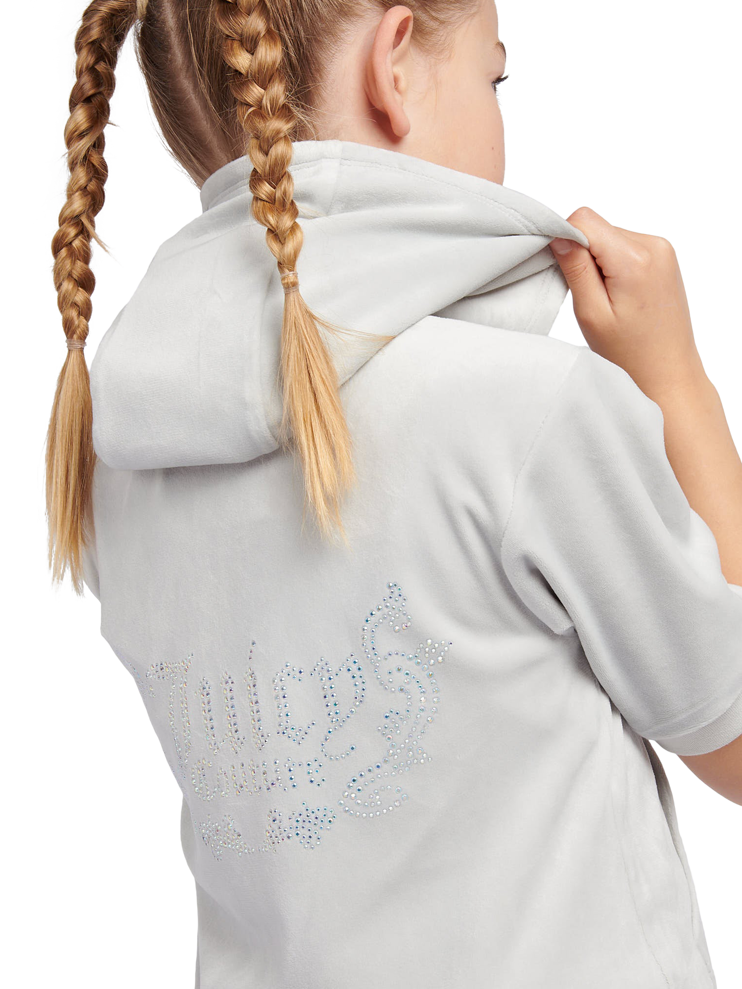 Product image 5 of 5, which shows Juicy Couture Kids' Diamante Zip-Through Short-Sleeve Hoodie, Pearl Blue, 7-8 years