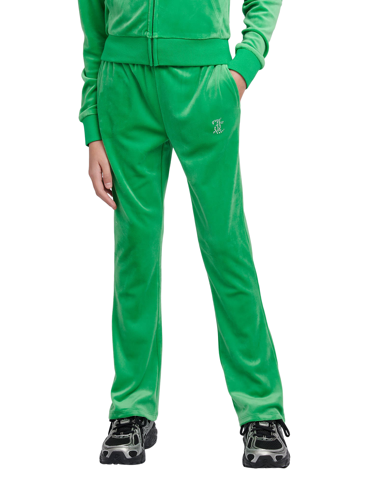 Product image 1 of 7, which shows Juicy Couture Kids' Diamante Bootcut Joggers, Green Bee, 7-8 years