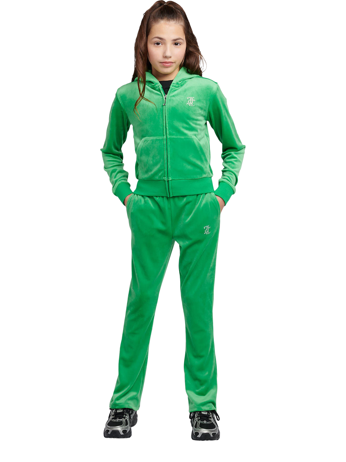 Product image 2 of 7, which shows Juicy Couture Kids' Diamante Bootcut Joggers, Green Bee, 7-8 years