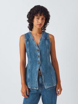 AND/OR Longline Denim Waistcoat, Mid Wash Blue, Mid Wash Blue