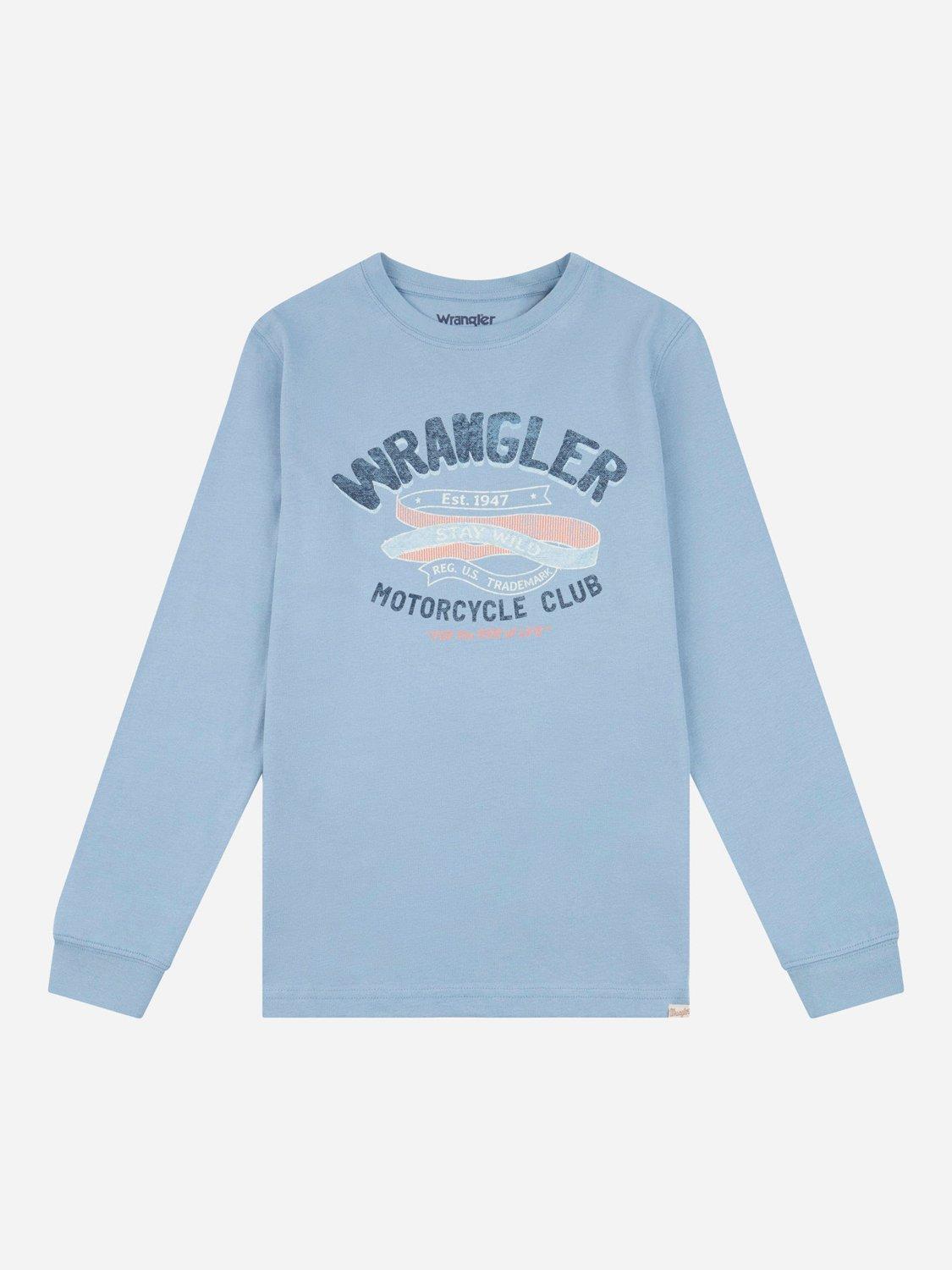 Product image 1 of 3, which shows Wrangler Kids' Racer Long Sleeve T-Shirt, Windward Blue, 7-8 years