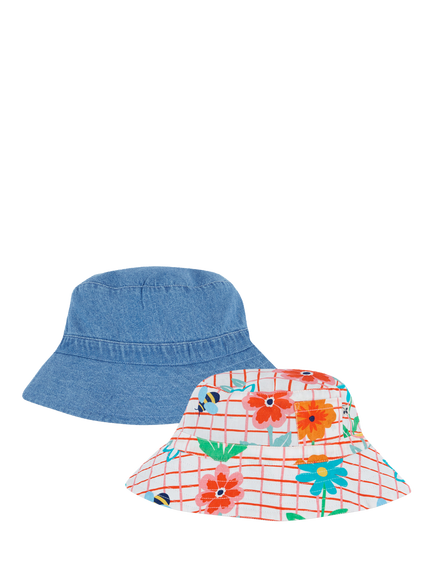 Frugi Kids' Hattie Organic Cotton Sun Safe Bucket Hat, Blue/Multi, Blue/Multi