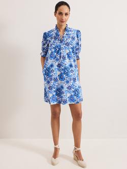 Phase Eight Azelia Floral Frill Neck Dress, Blue/Multi, Blue/Multi