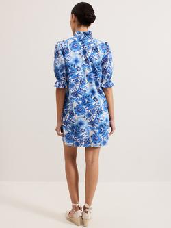 Phase Eight Azelia Floral Frill Neck Dress, Blue/Multi - view 2, Blue/Multi