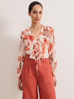 Phase Eight Ivana Floral Ruffle Blouse, Orange/Multi, Orange/Multi