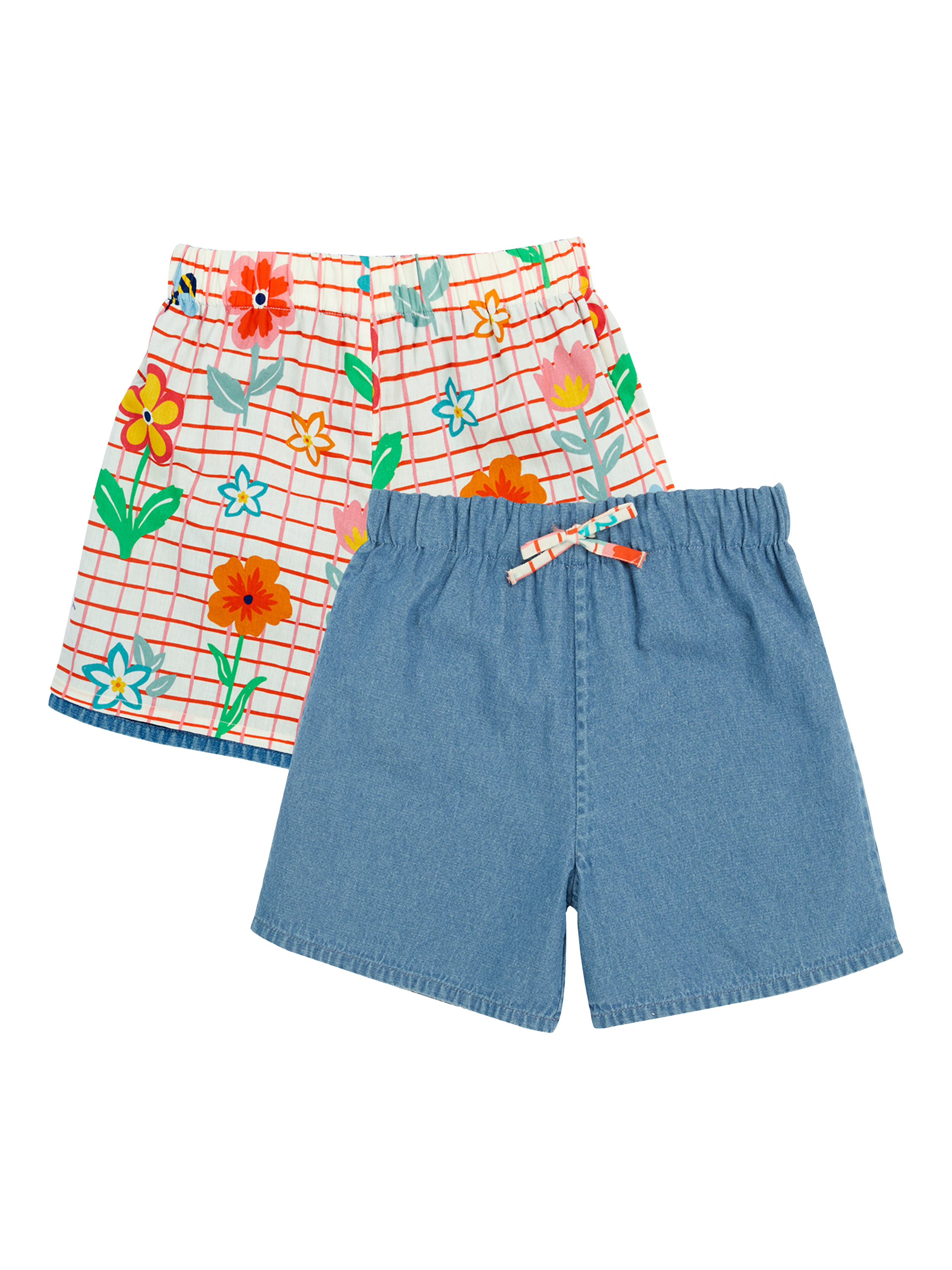 Product image 1 of 9, which shows Frugi Kids' Marigold Organic Cotton Reversible Shorts, Paint A Floral/Denim, 2-3 years