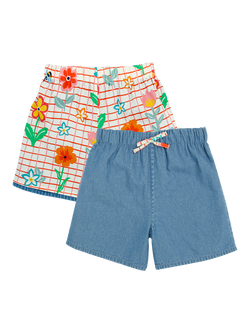 Frugi Kids' Marigold Organic Cotton Reversible Shorts, Paint A Floral/Denim, Paint A Floral/Denim