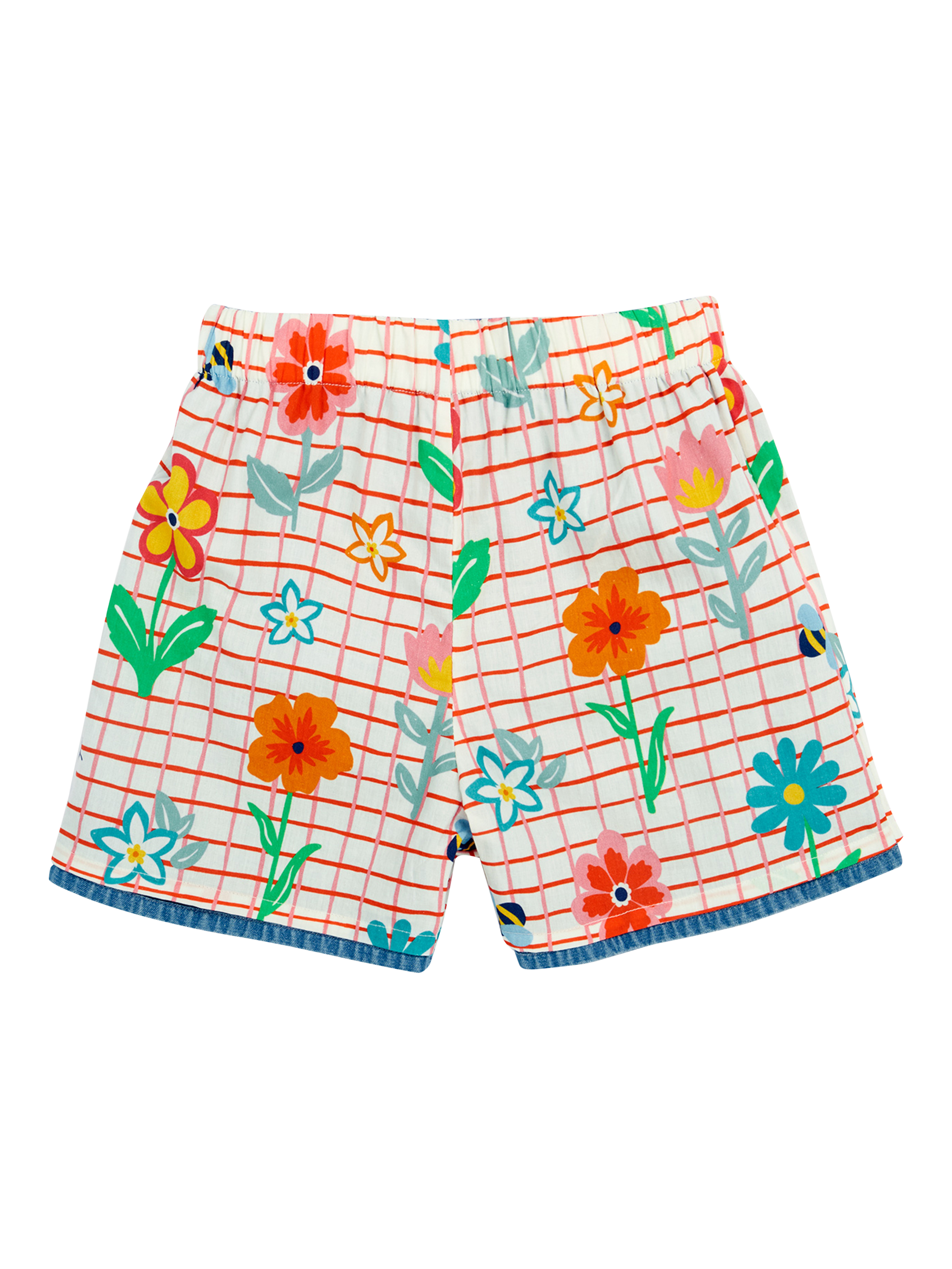 Product image 4 of 9, which shows Frugi Kids' Marigold Organic Cotton Reversible Shorts, Paint A Floral/Denim, 2-3 years