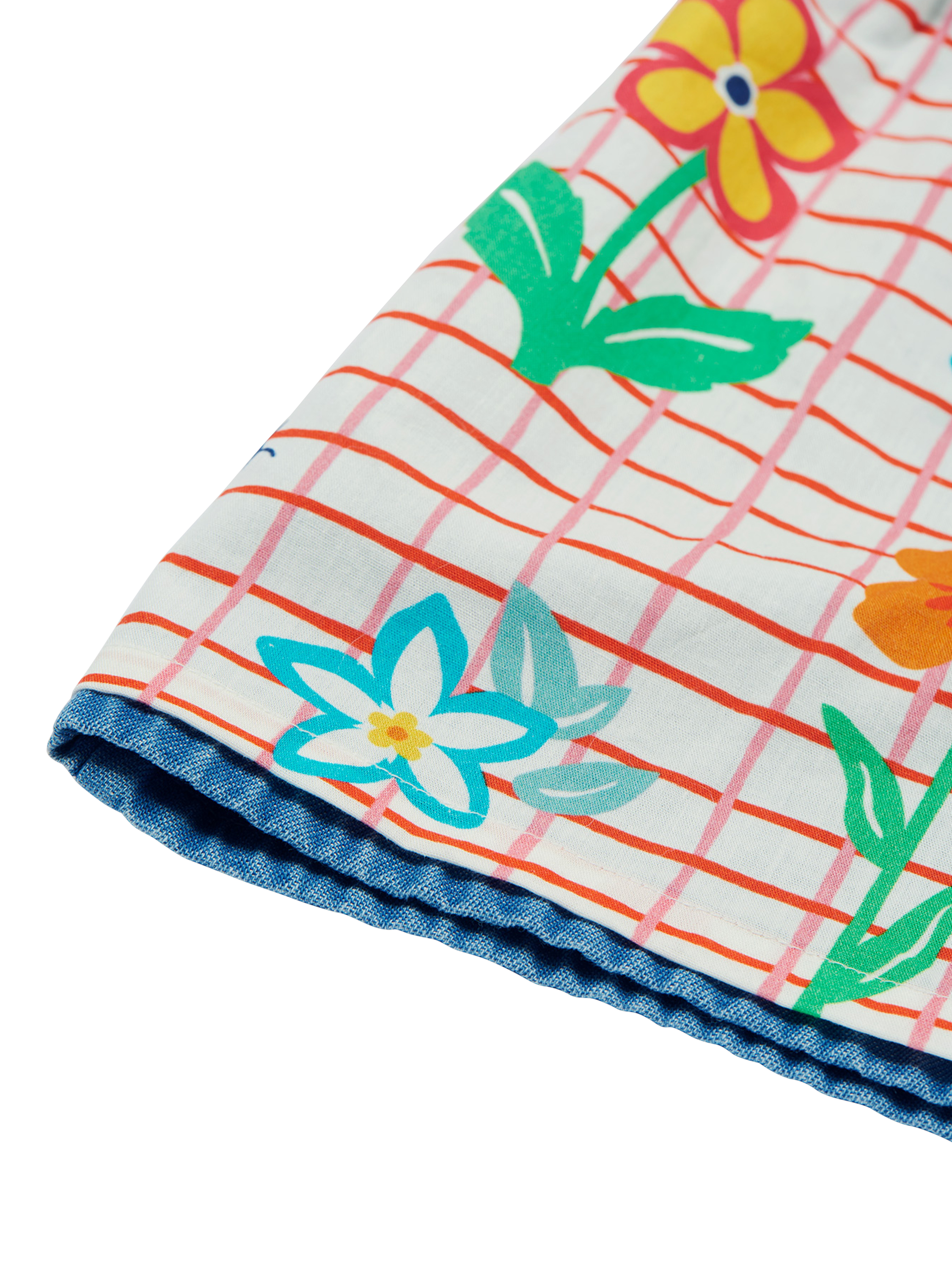 Product image 9 of 9, which shows Frugi Kids' Marigold Organic Cotton Reversible Shorts, Paint A Floral/Denim, 2-3 years
