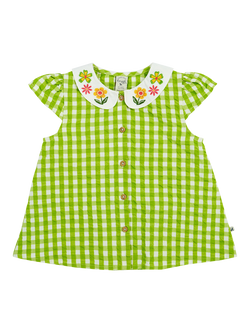 Frugi Kids' Alda Organic Cotton Gingham Embroidered Collar Blouse, Macaw/Multi, Macaw/Multi
