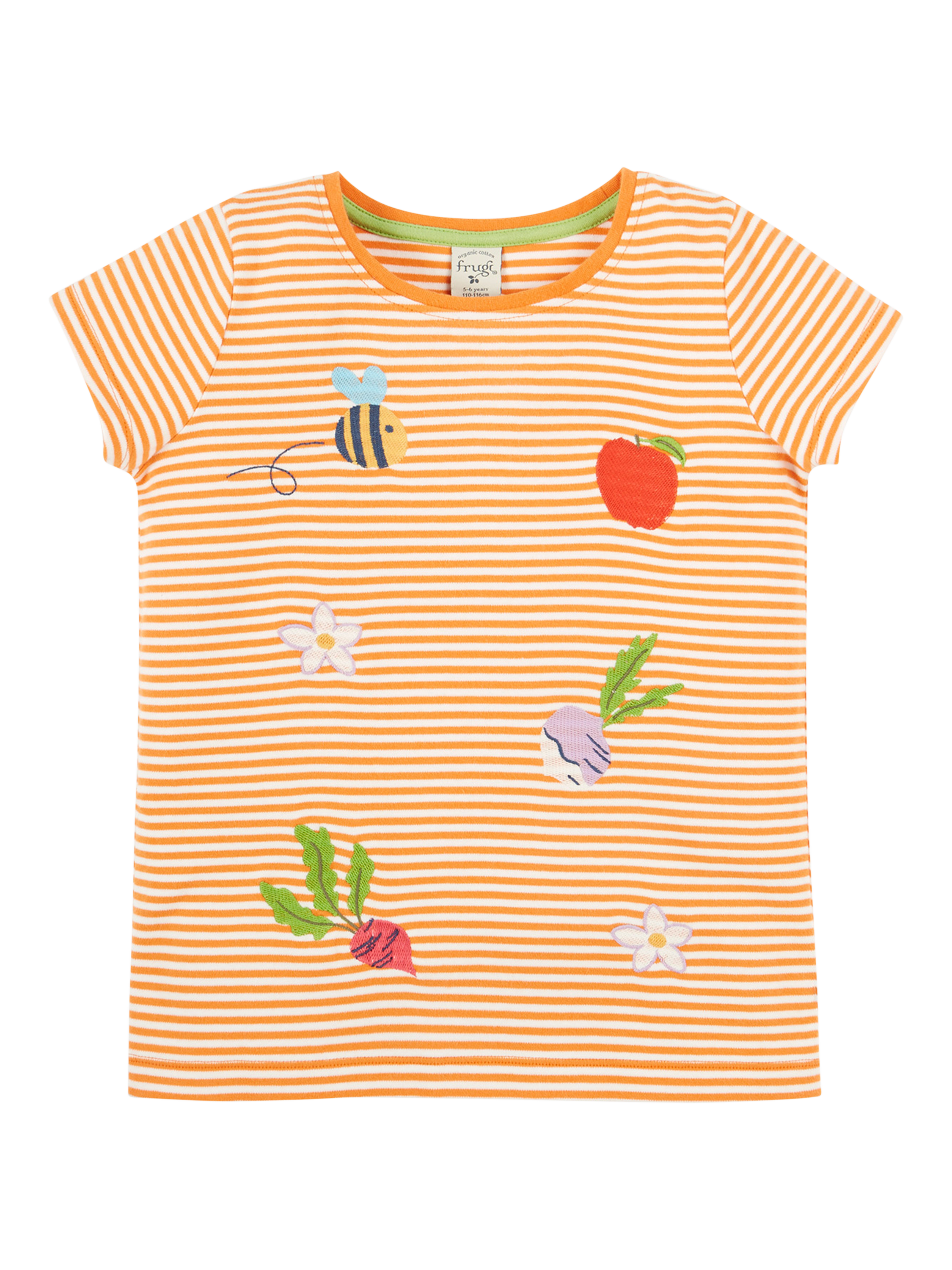 Product image 1 of 5, which shows Frugi Kids' Camille Stripe Applique Pure Organic Cotton T-Shirt, Multi, 2-3 years