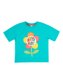 Frugi Kids' Mabe Organic Cotton Slogan T-Shirt, Sea Moss/Happy Days, Sea Moss/Happy Days