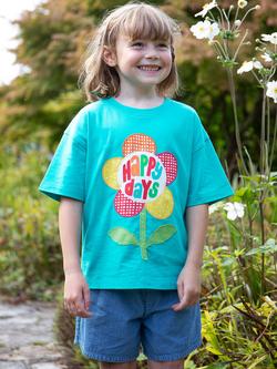 Frugi Kids' Mabe Organic Cotton Slogan T-Shirt, Sea Moss/Happy Days - view 2, Sea Moss/Happy Days