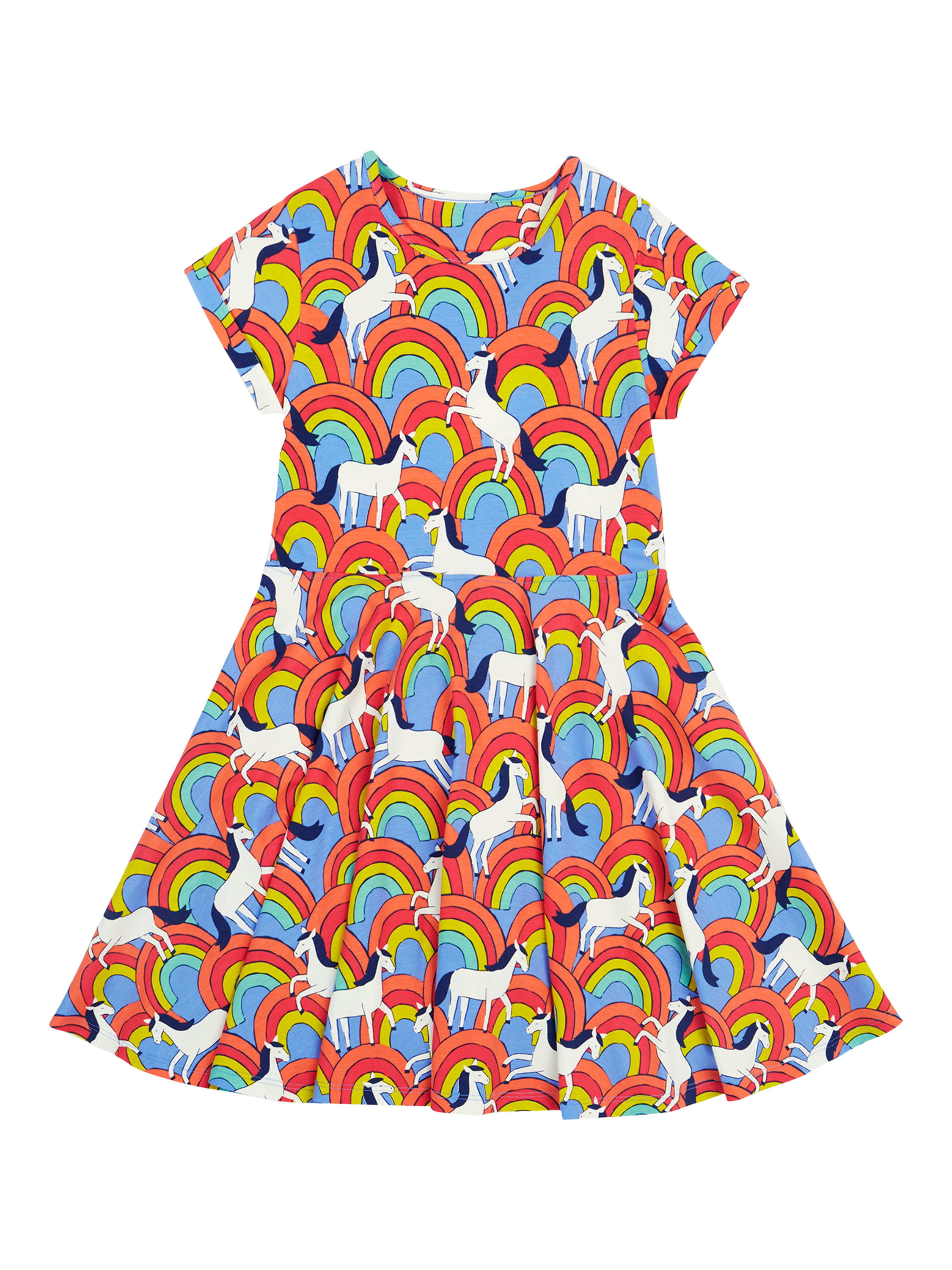 Product image 1 of 6, which shows Frugi Kids' Spring Rainbow Skater Dress, Over The Rainbow, 2-3 years