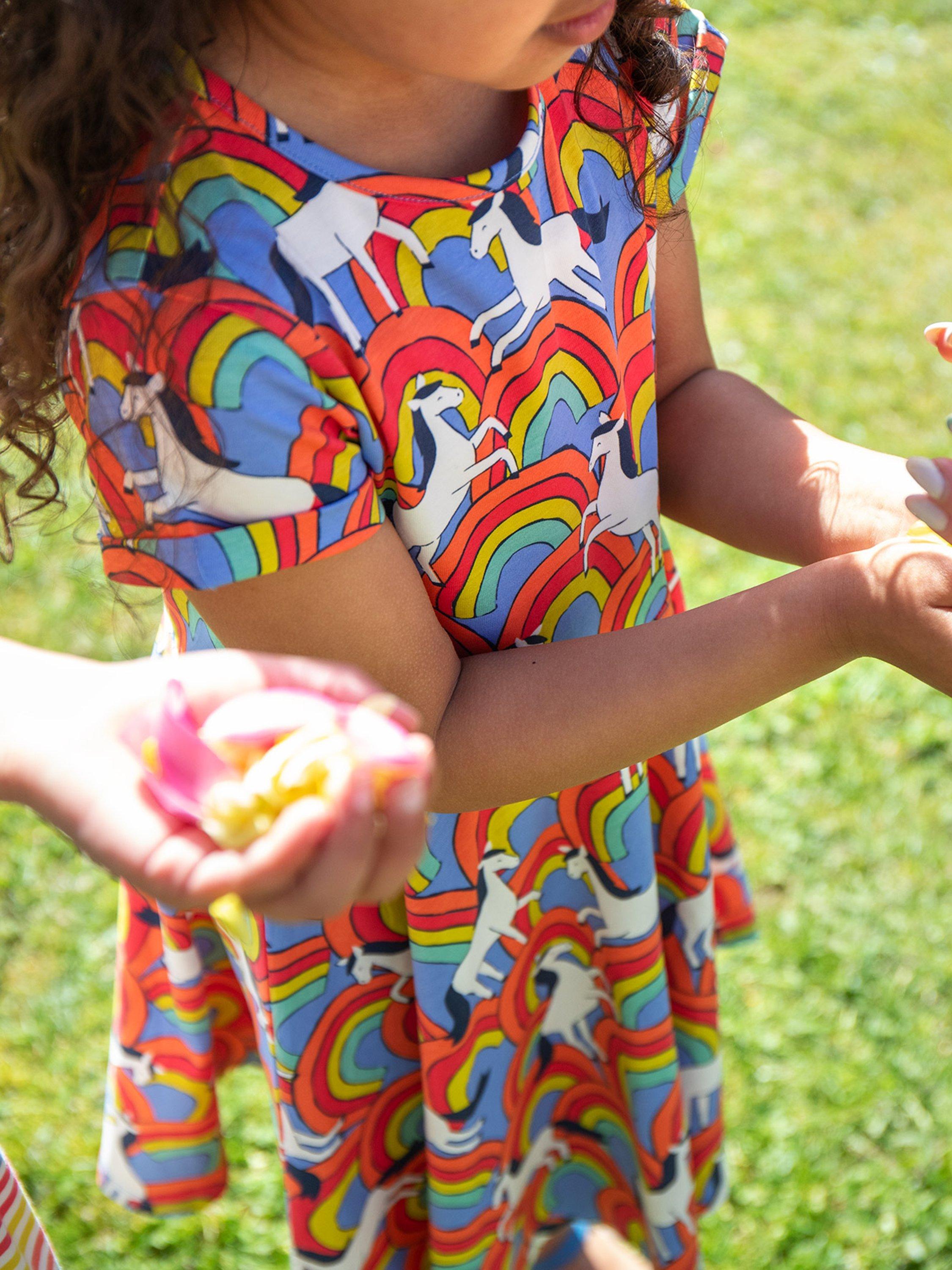 Product image 3 of 6, which shows Frugi Kids' Spring Rainbow Skater Dress, Over The Rainbow, 2-3 years