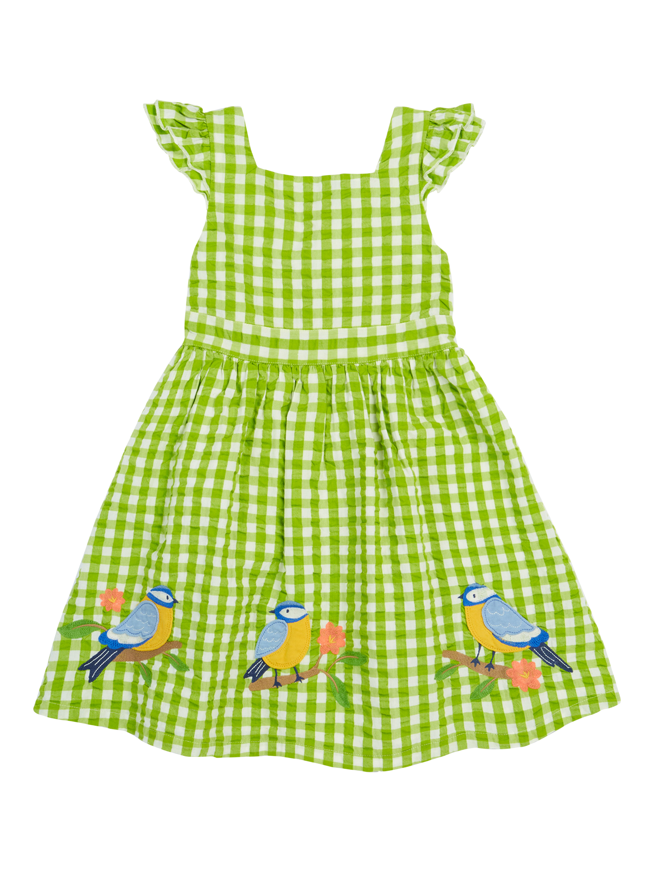 Product image 1 of 8, which shows Frugi Kids' Zaria Organic Cotton Dress Applique Gingham Dress, Macaw/Multi, 2-3 years