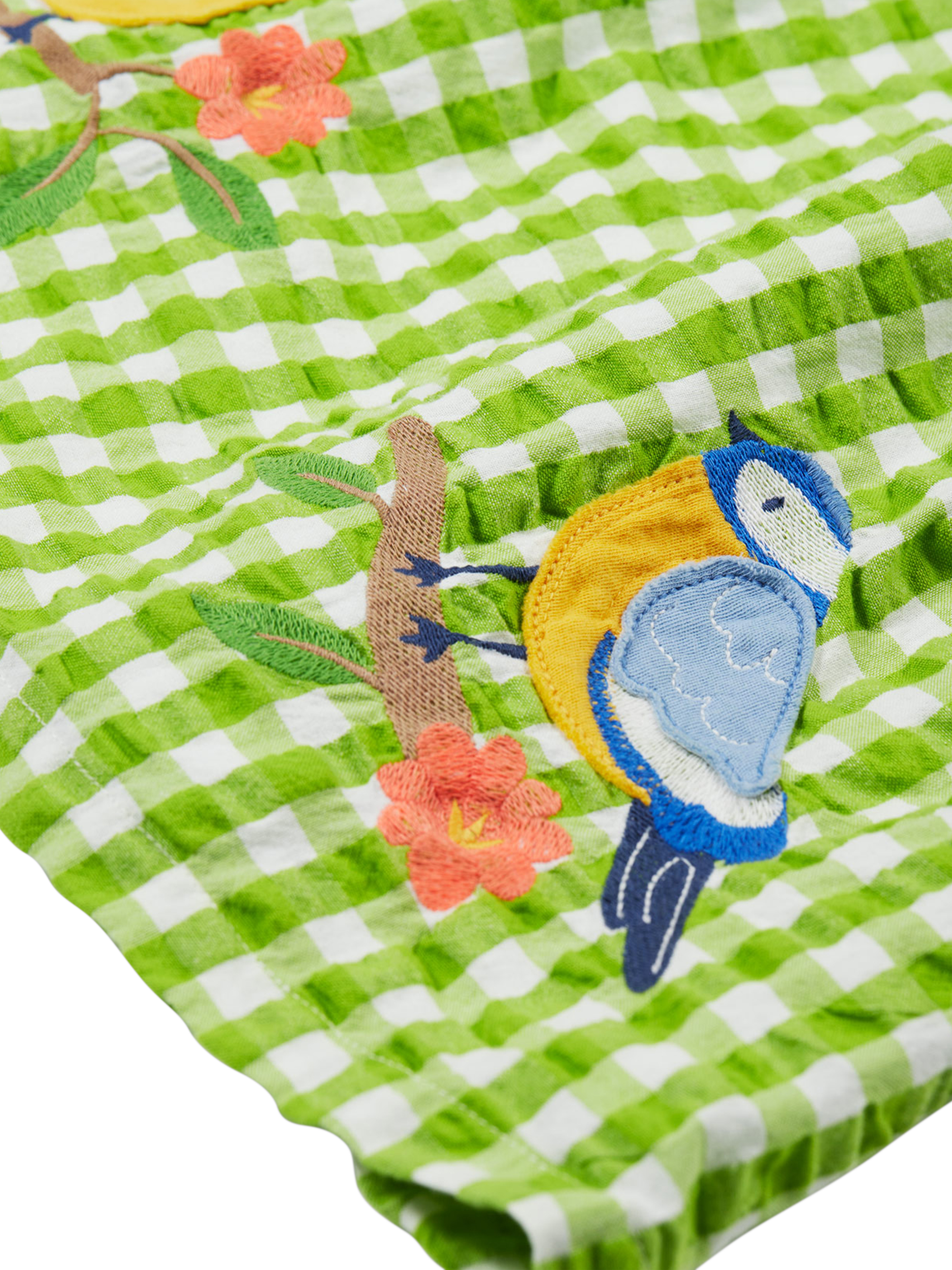 Product image 6 of 8, which shows Frugi Kids' Zaria Organic Cotton Dress Applique Gingham Dress, Macaw/Multi, 2-3 years