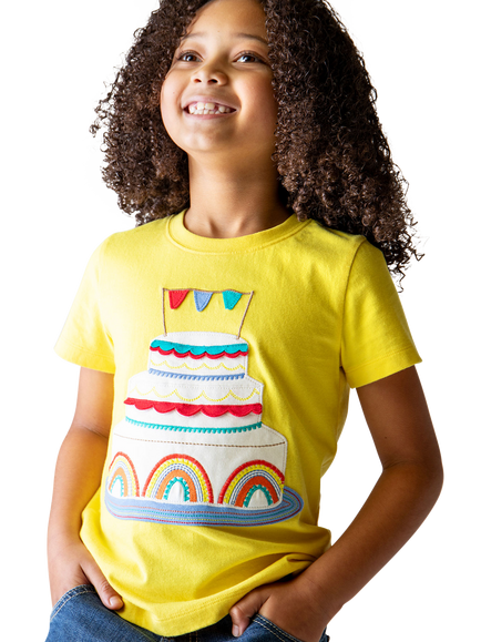 Frugi Kids' Celebration Cake Pure Organic Cotton T-Shirt, Welly Yellow/Multi - view 2, Welly Yellow/Multi