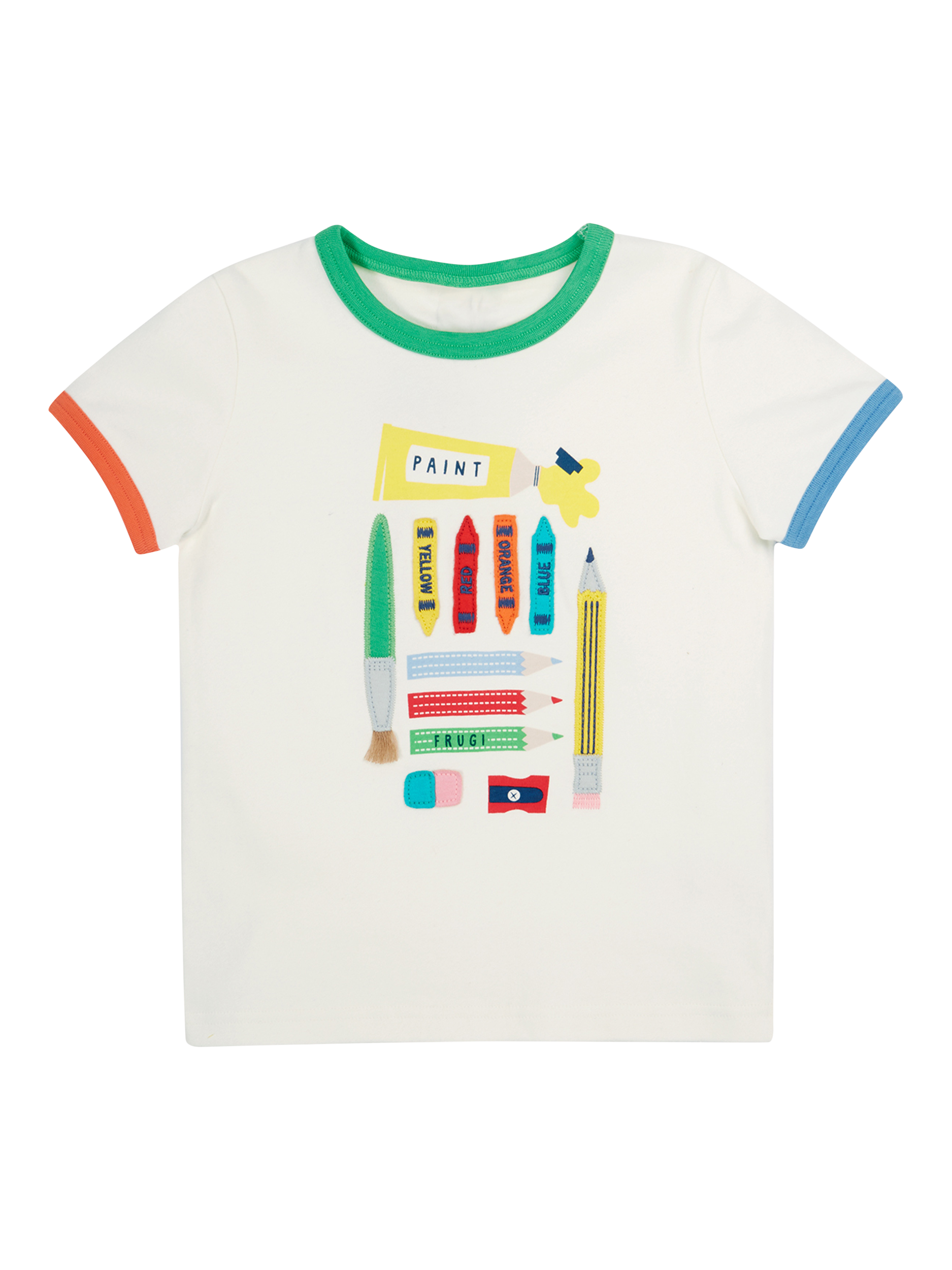 Product image 1 of 7, which shows Frugi Kids' Xavier Organic Cotton Applique T-Shirt , Soft White/Multi, 2-3 years