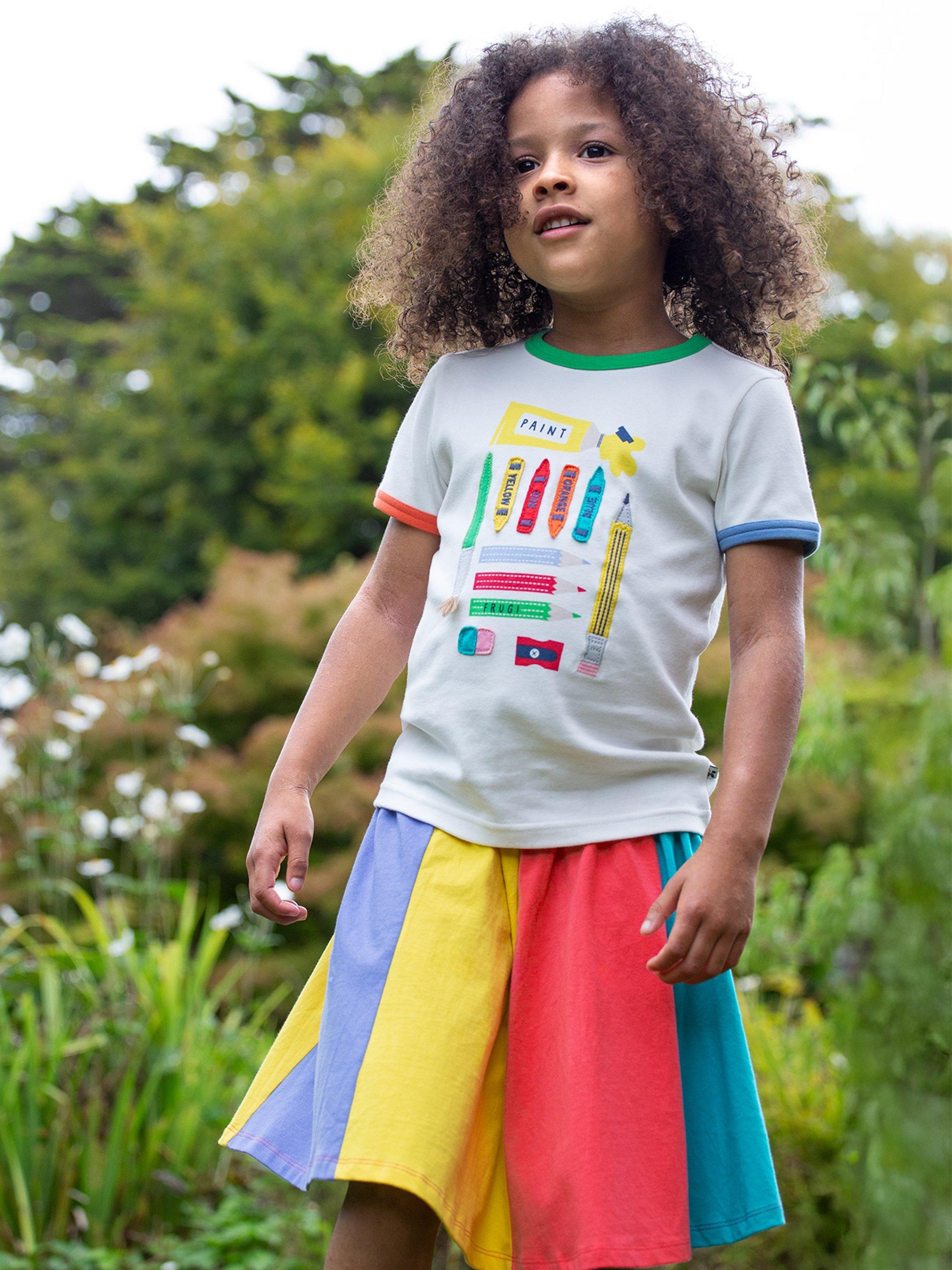 Product image 2 of 7, which shows Frugi Kids' Xavier Organic Cotton Applique T-Shirt , Soft White/Multi, 2-3 years