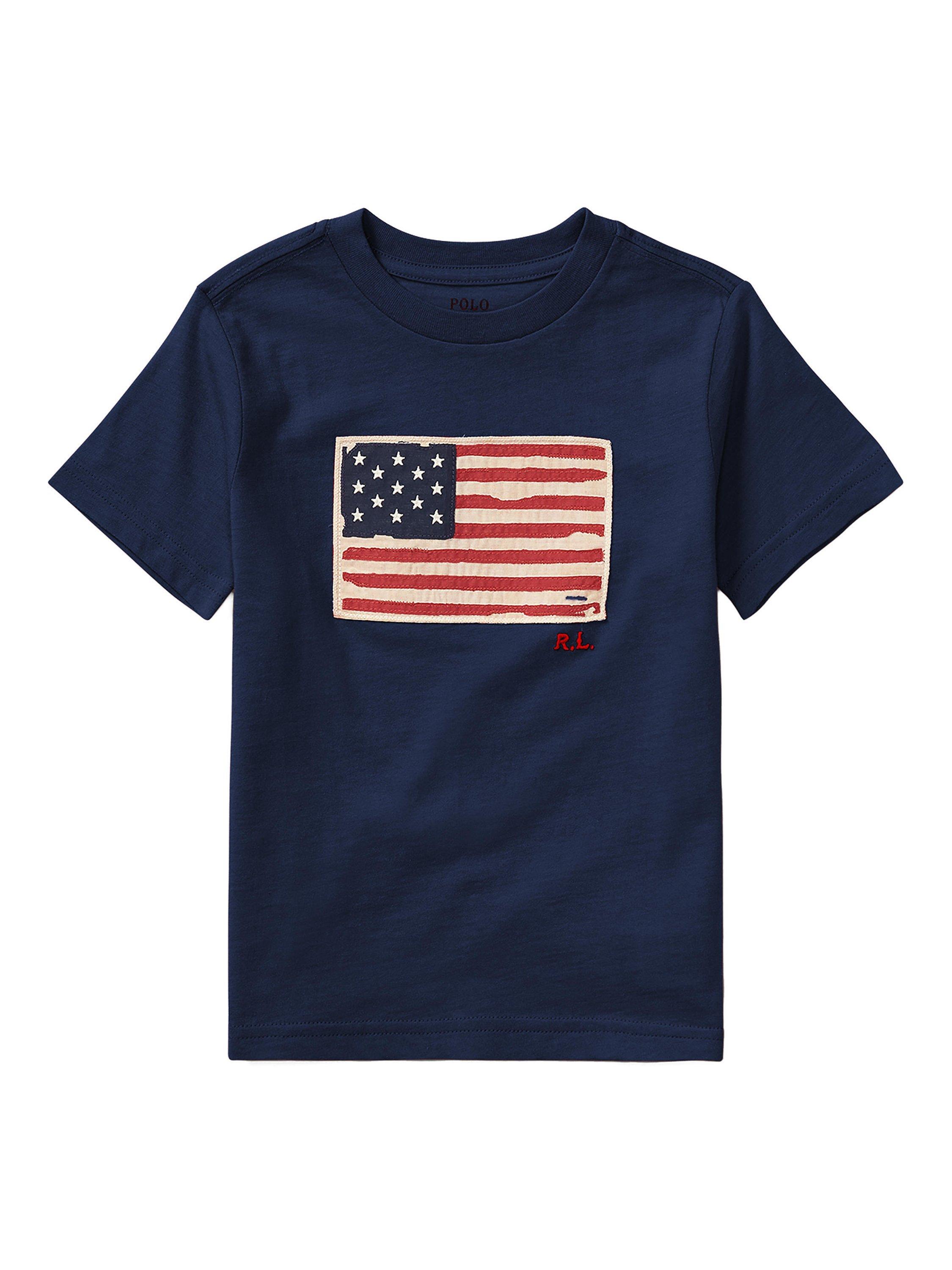 Product image 1 of 2, which shows Ralph Lauren Kids' Cotton Flag Applique T-Shirt, Cruise Navy, 2 years