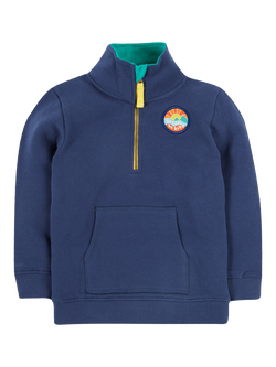 Frugi Kids' Organic Cotton Logo Half-Zip Hoodie, Blue/Love The Planet, Blue/Love The Planet