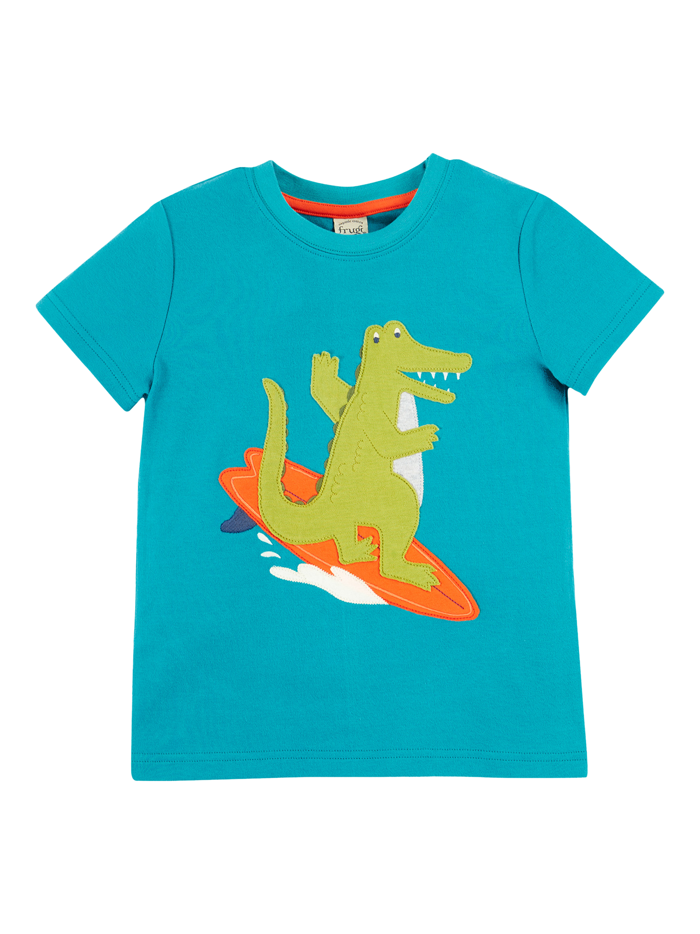 Product image 1 of 4, which shows Frugi Kids' Carsen Organic Cotton Surfing Applique T-Shirt, Boat Blue/Multi, 2-3 years