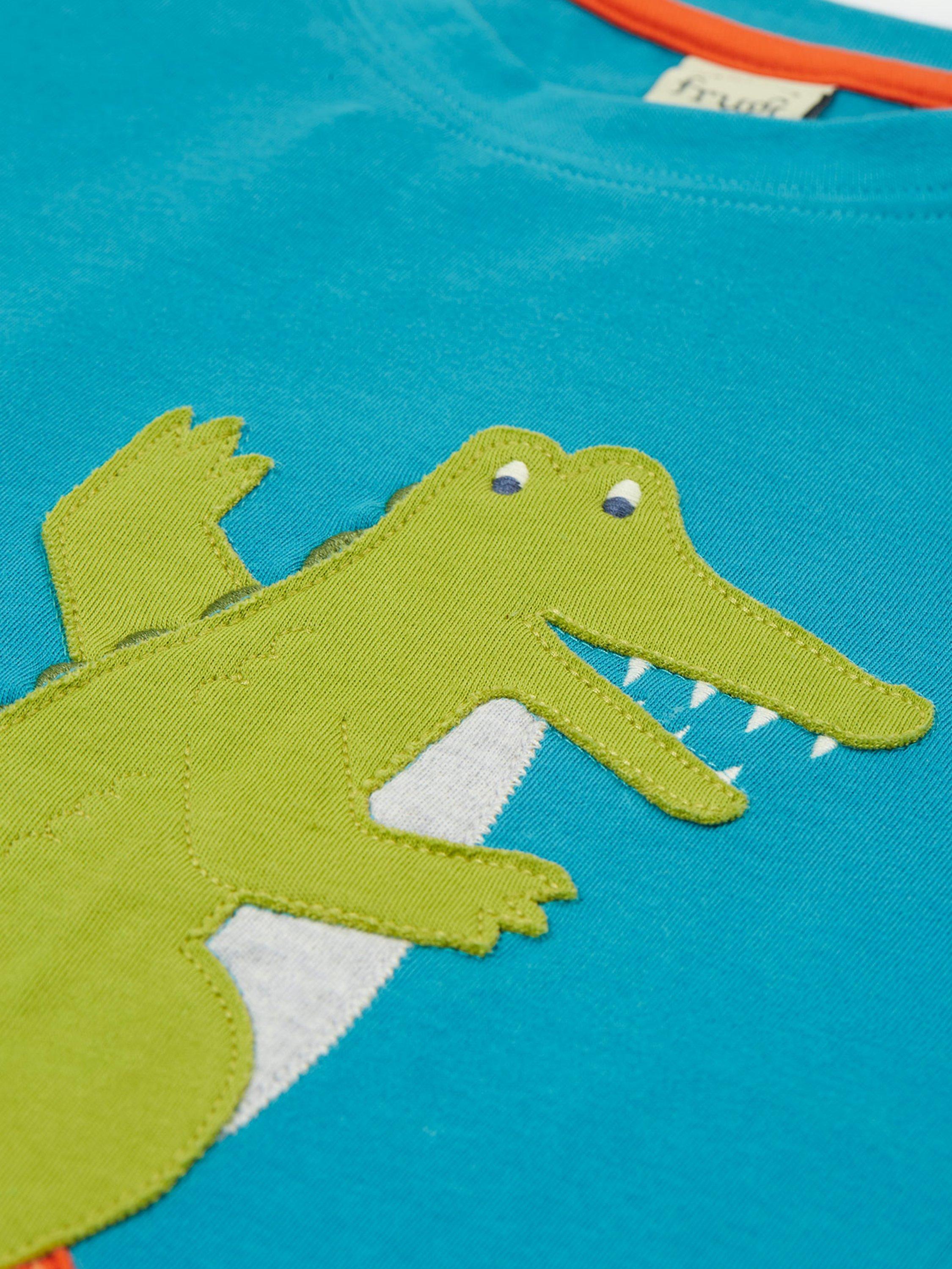 Product image 3 of 4, which shows Frugi Kids' Carsen Organic Cotton Surfing Applique T-Shirt, Boat Blue/Multi, 2-3 years