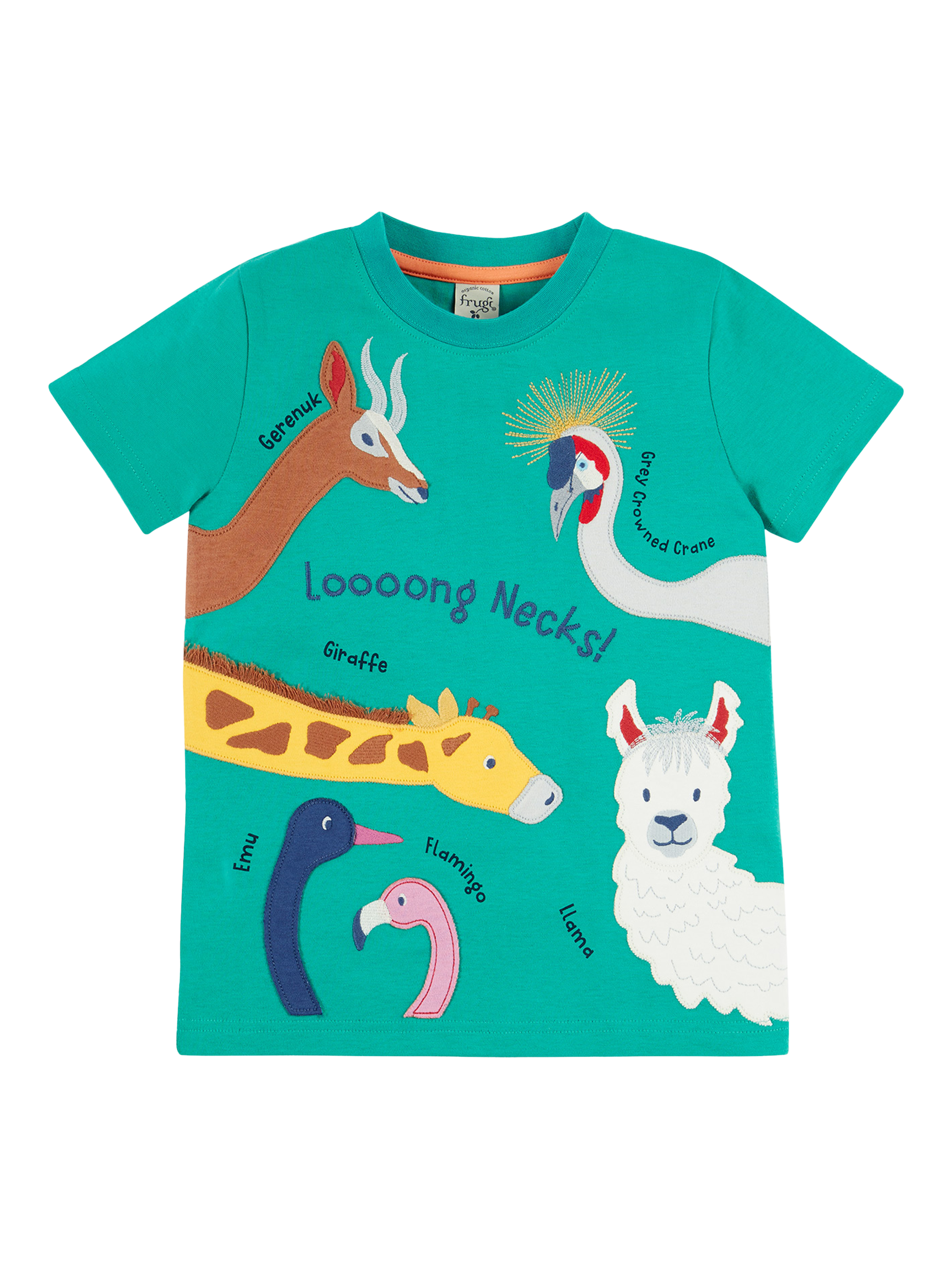Product image 1 of 6, which shows Frugi Kids' Carsen Organic Cotton Animal Applique T-Shirt, Iguana/Multi, 2-3 years