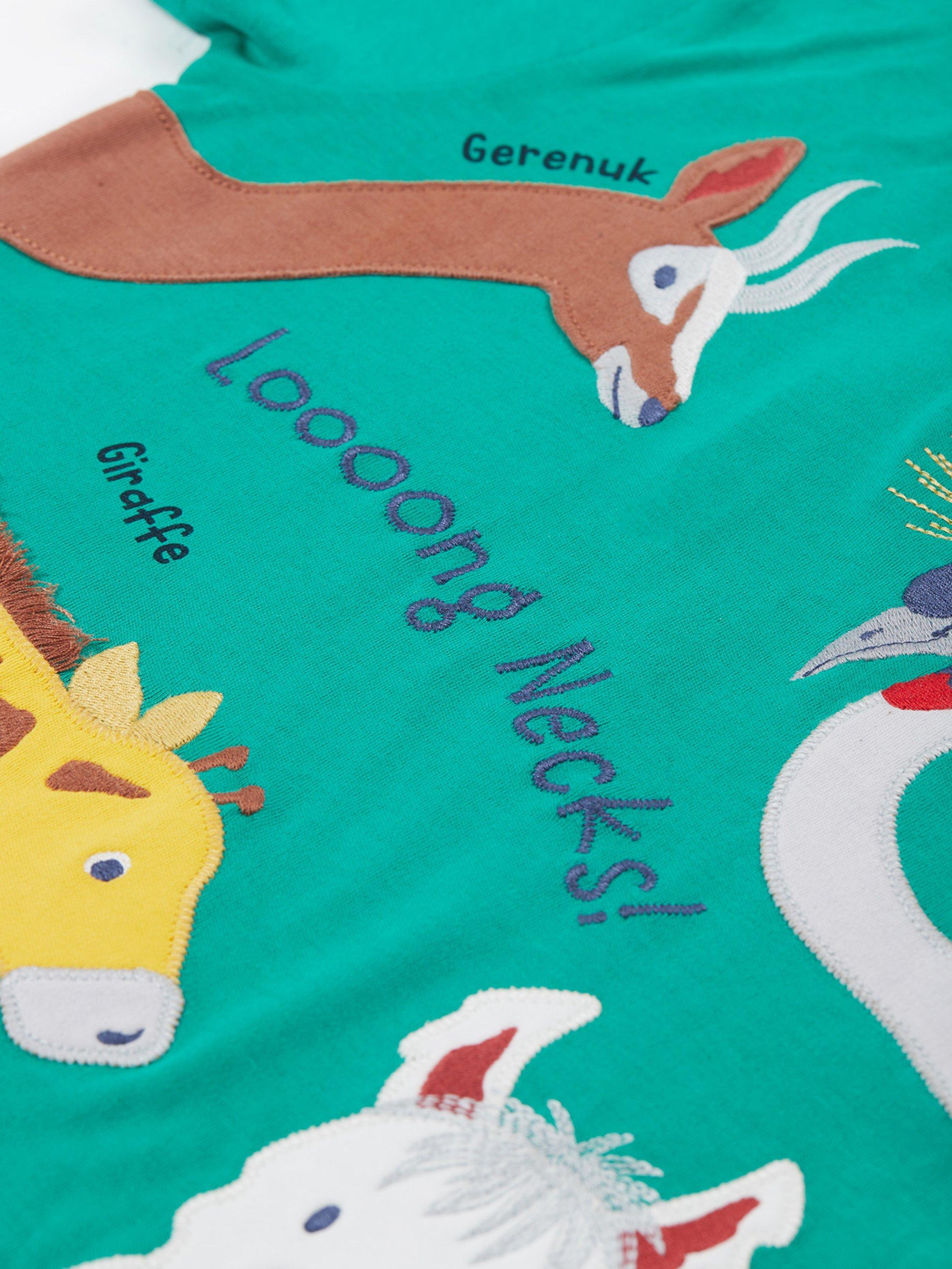 Product image 3 of 6, which shows Frugi Kids' Carsen Organic Cotton Animal Applique T-Shirt, Iguana/Multi, 2-3 years