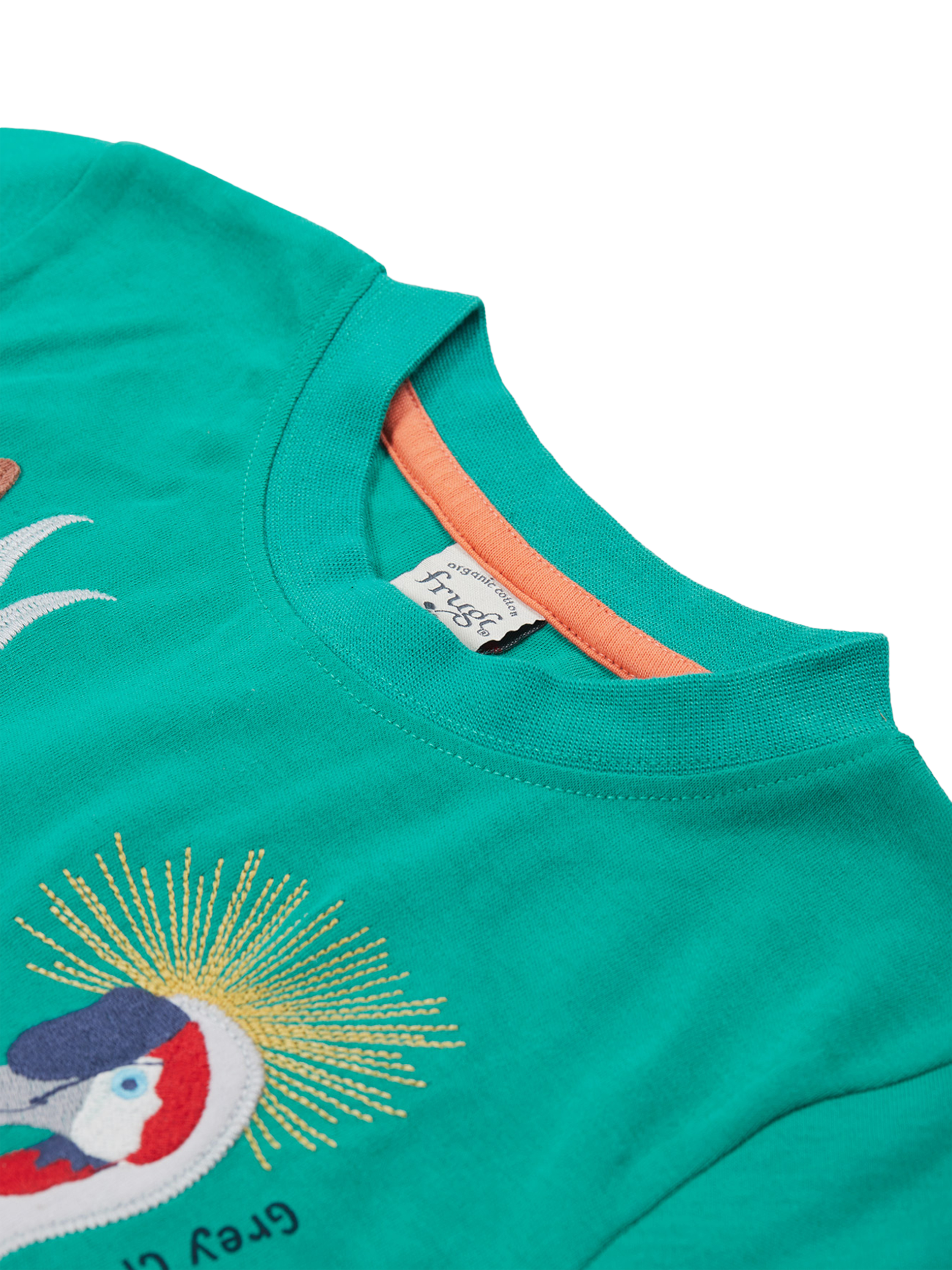Product image 5 of 6, which shows Frugi Kids' Carsen Organic Cotton Animal Applique T-Shirt, Iguana/Multi, 2-3 years