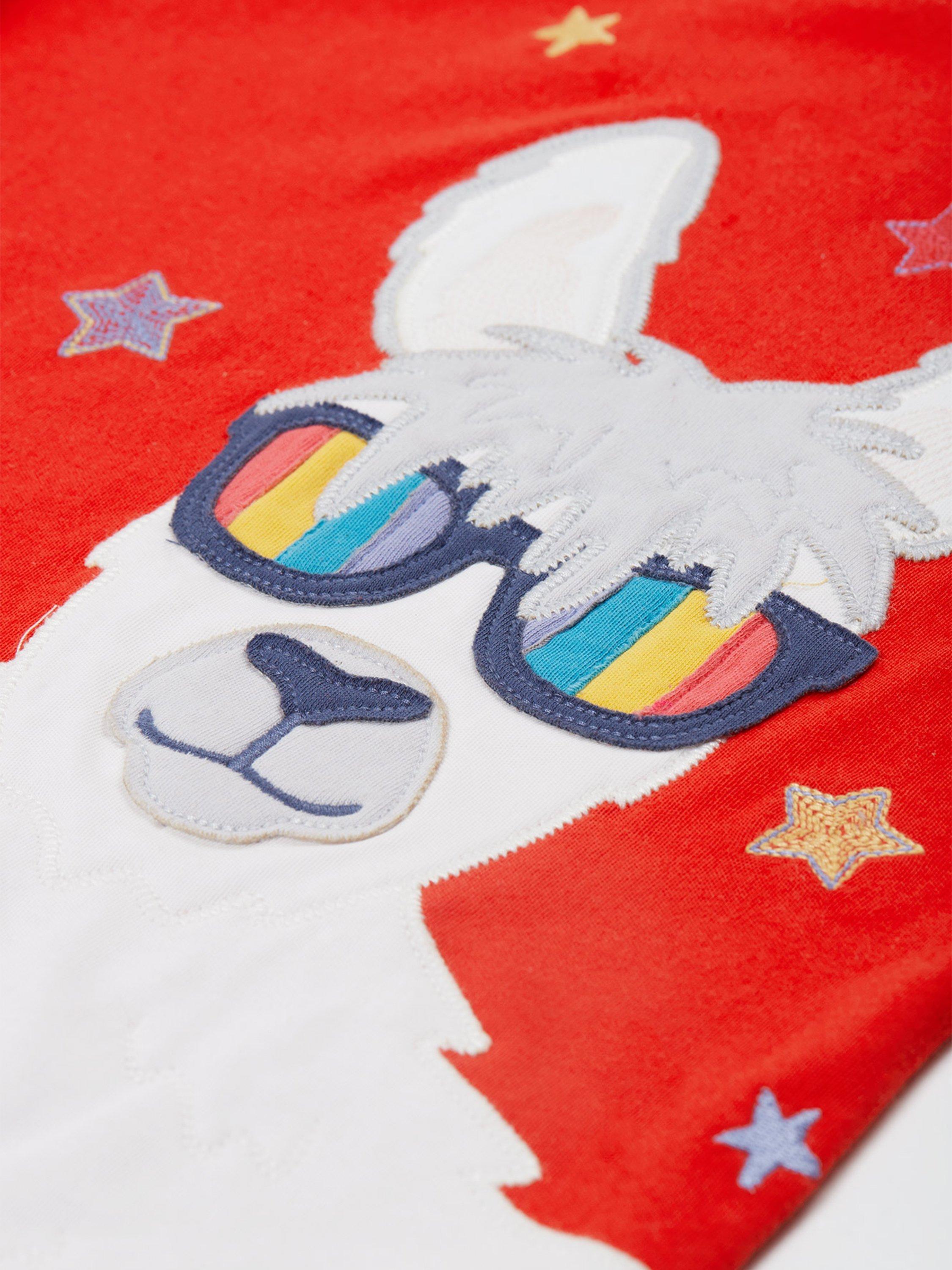 Product image 2 of 4, which shows Frugi Kids' Carsen Organic Cotton Rainbow Glasses Applique T-Shirt, Strawberry/Multi, 2-3 years