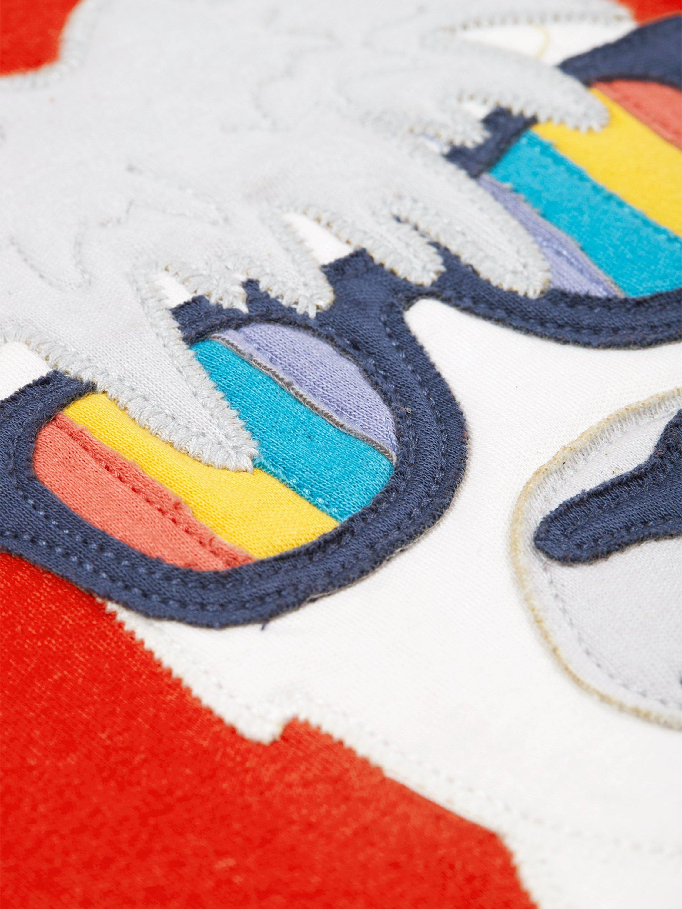 Product image 3 of 4, which shows Frugi Kids' Carsen Organic Cotton Rainbow Glasses Applique T-Shirt, Strawberry/Multi, 2-3 years