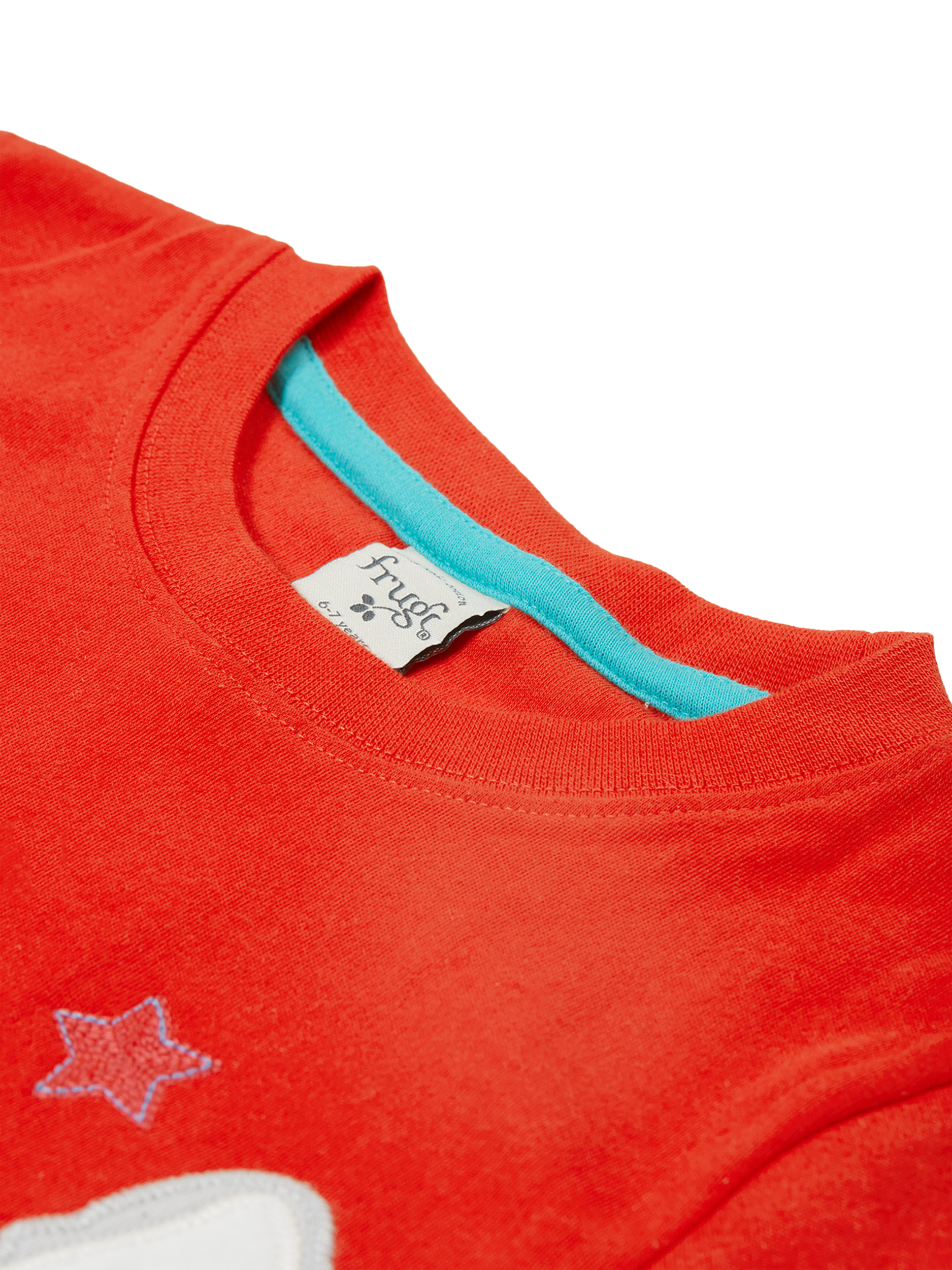 Product image 4 of 4, which shows Frugi Kids' Carsen Organic Cotton Rainbow Glasses Applique T-Shirt, Strawberry/Multi, 2-3 years