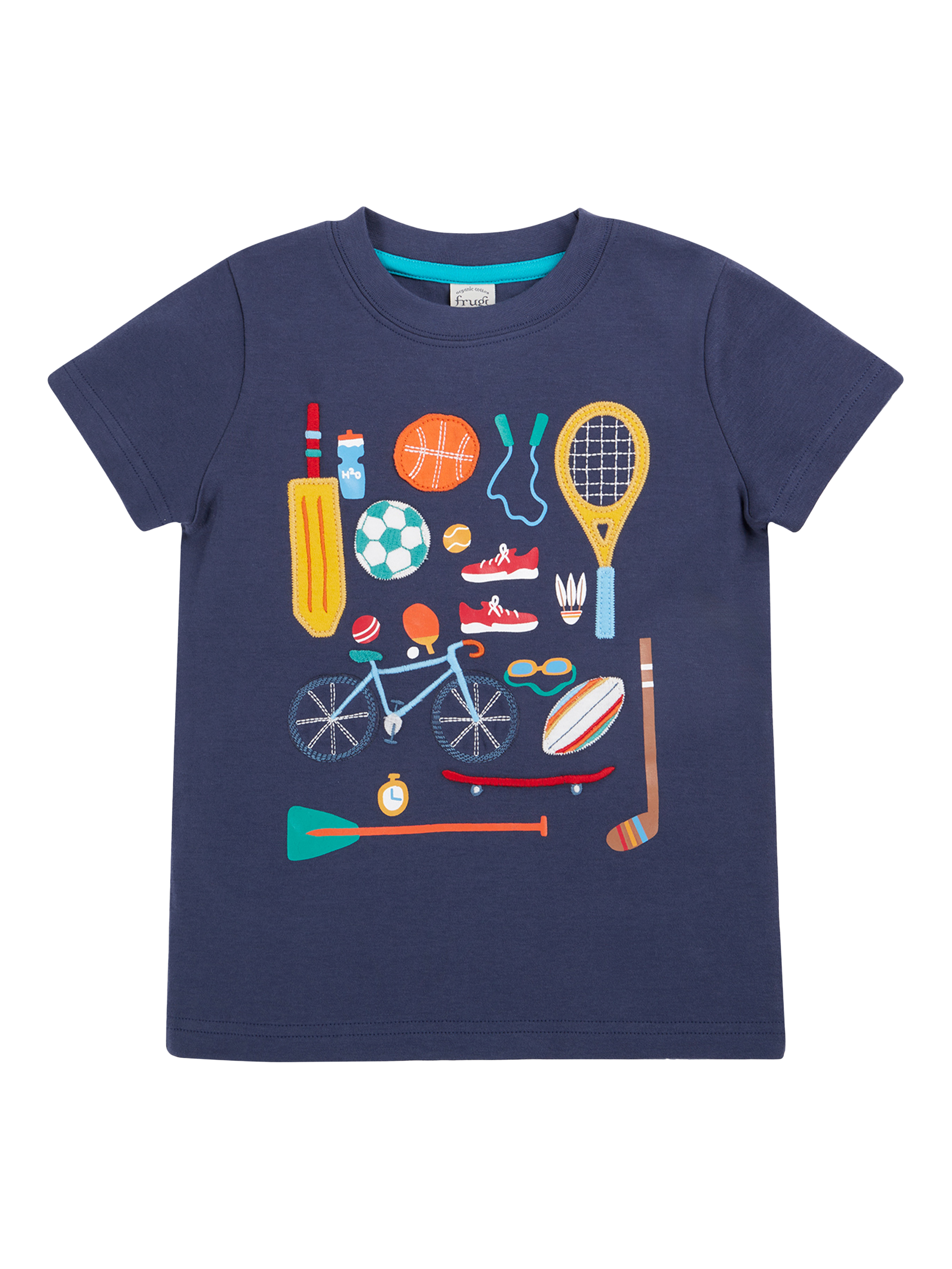 Product image 1 of 4, which shows Frugi Kids' Carsen Organic Cotton Sports Applique T-Shirt, Navy/Multi, 2-3 years