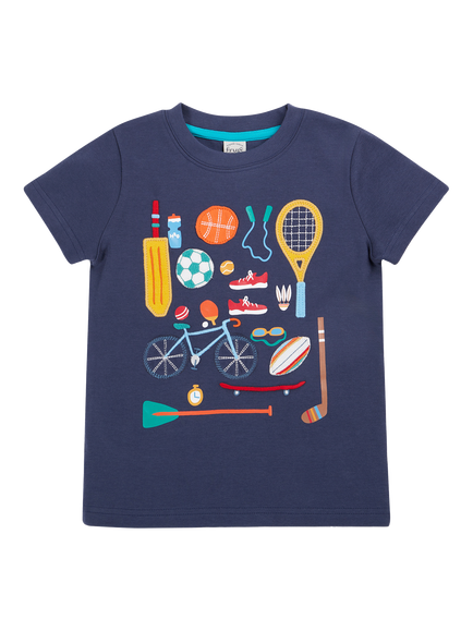 Frugi Kids' Carsen Organic Cotton Sports Applique T-Shirt, Navy/Multi, Navy/Multi